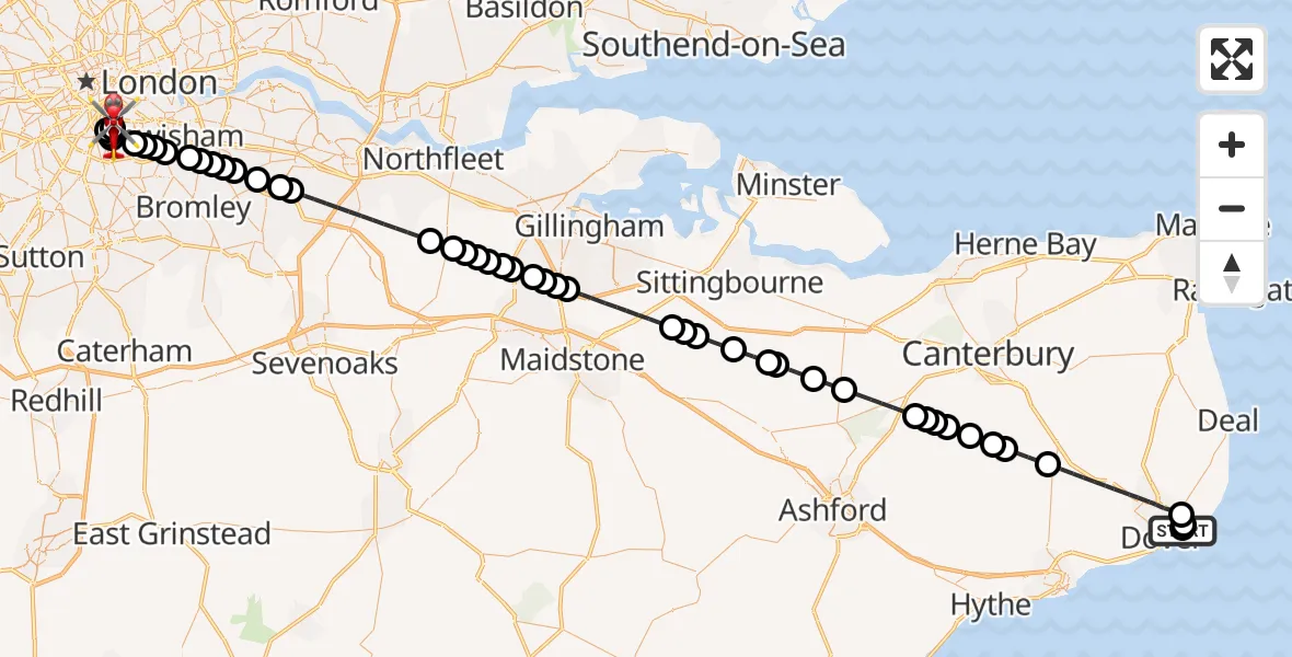 Flight route Air Ambulance Helicopter Langdon Battery Heliport - Kings College London Hospital, 22 June 2026, 19:23