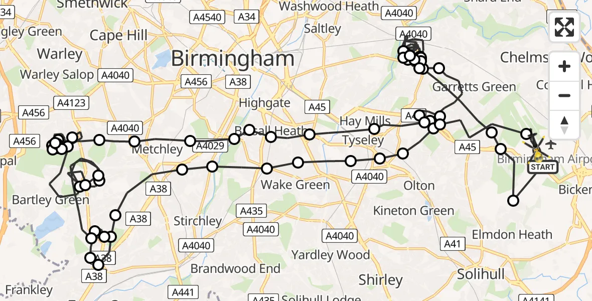 Flight route Police Helicopter Birmingham Airport - Birmingham Airport, 22 June 2026, 19:27