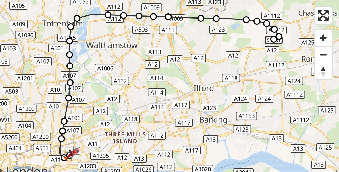 Flight route Air Ambulance Helicopter Marks Gate - Royal London Hospital, 22 June 2026, 19:30