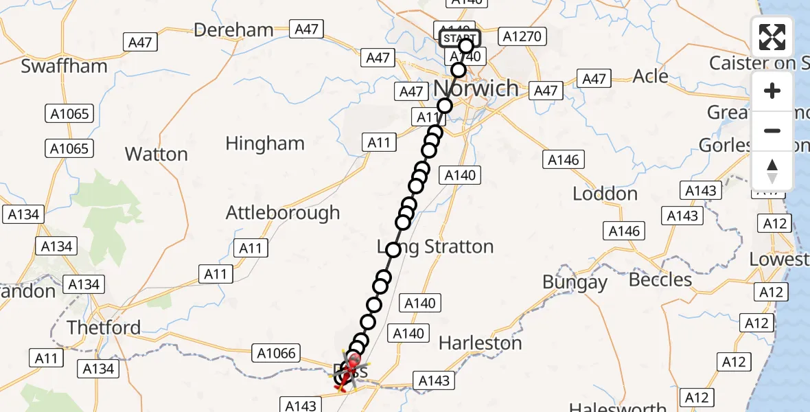Flight route Air Ambulance Helicopter Norwich Airport - Diss, 22 June 2026, 19:37