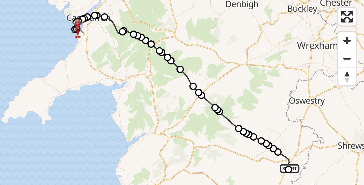 Flight route Air Ambulance Helicopter Welshpool Airport - Caernarfon Airport, 22 June 2026, 19:38