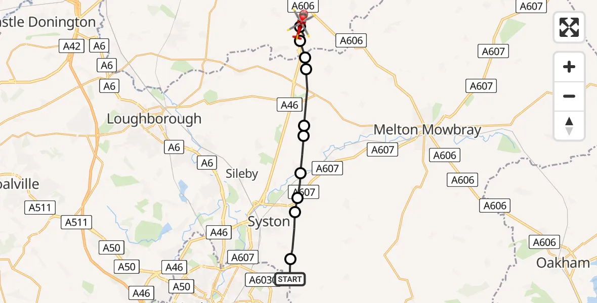Flight route Air Ambulance Helicopter Thorpebury in the Limes - Nottingham Heliport, 22 June 2026, 19:41
