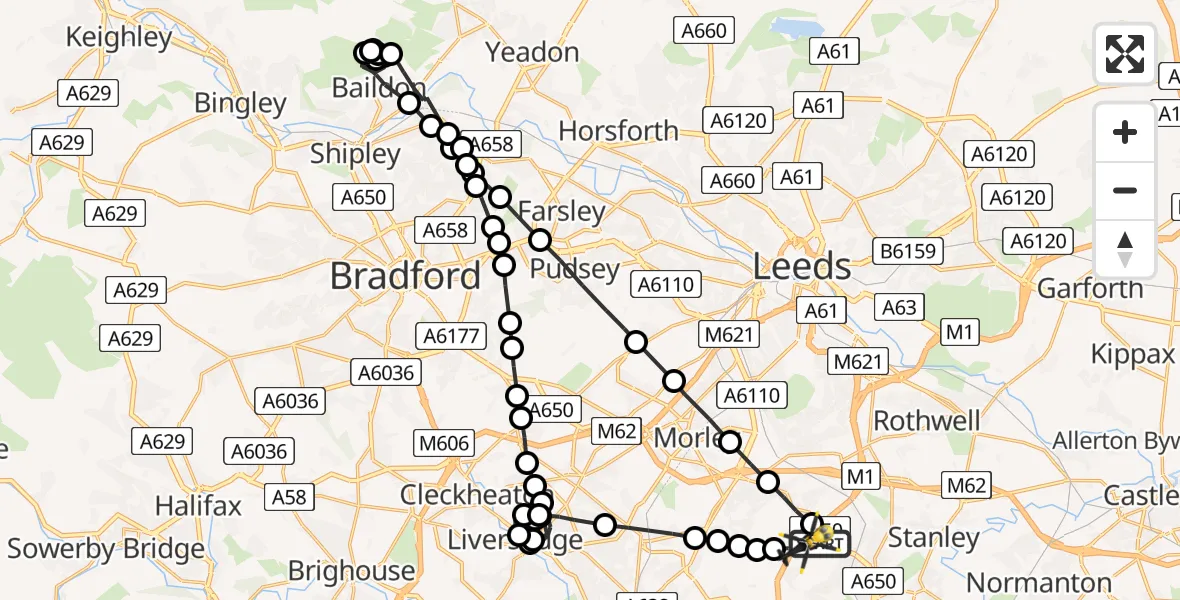 Flight route Police Helicopter Brandy Carr - East Ardsley, 22 June 2026, 19:53