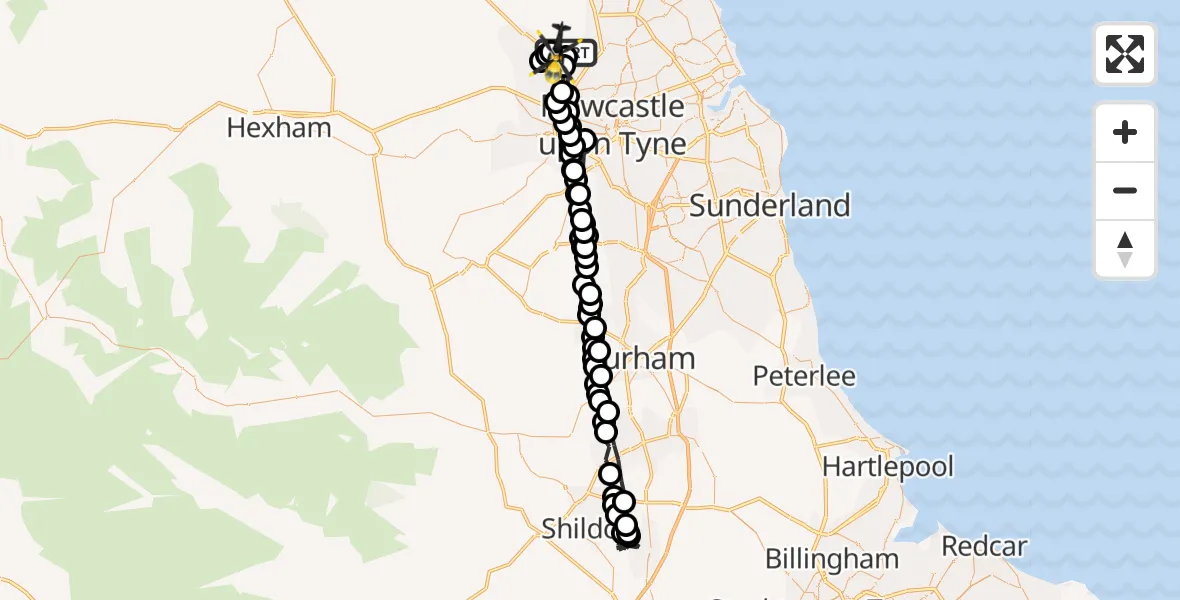 Flight route Police Helicopter Newcastle International Airport - Newcastle International Airport, 22 June 2026, 19:59