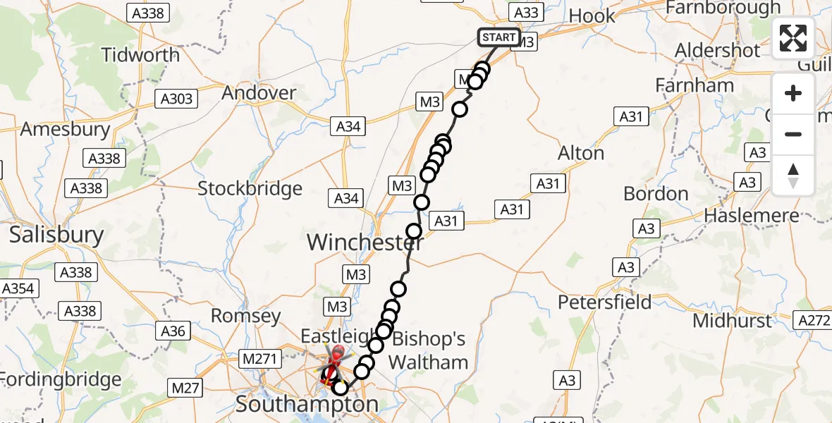 Flight route Air Ambulance Helicopter Basingstoke - Mansbridge, 22 June 2026, 20:05