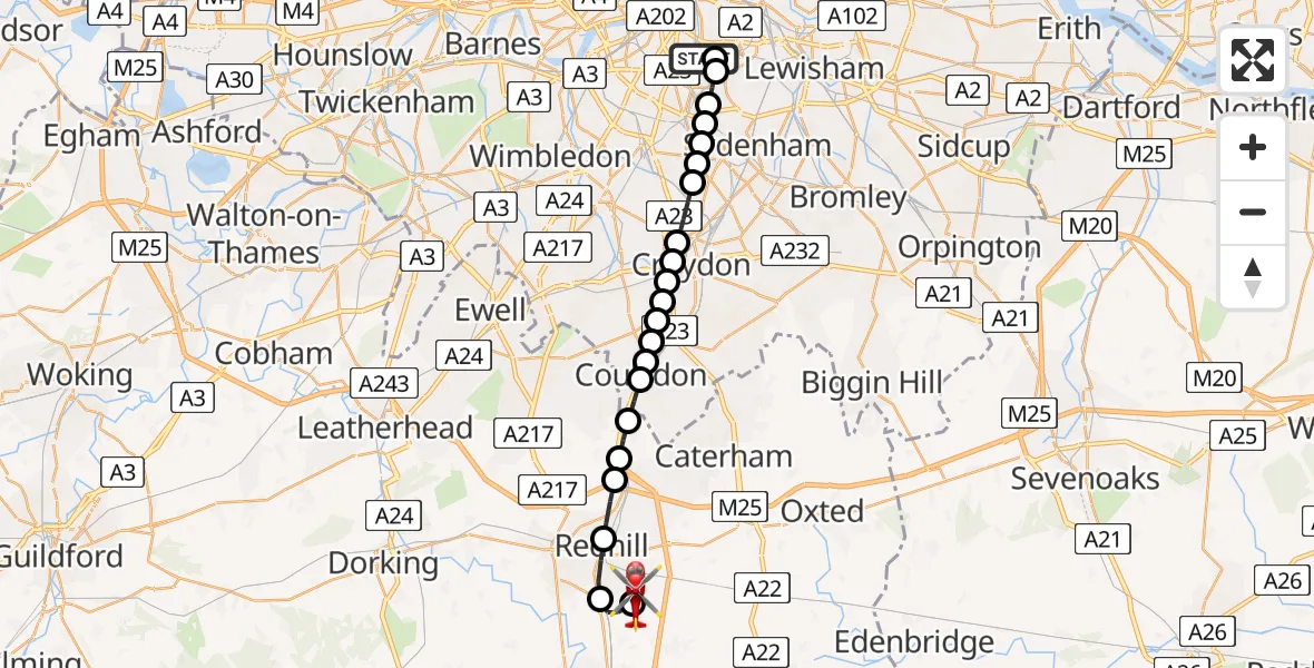 Flight route Air Ambulance Helicopter Kings College London Hospital - Redhill Aerodrome, 22 June 2026, 20:19
