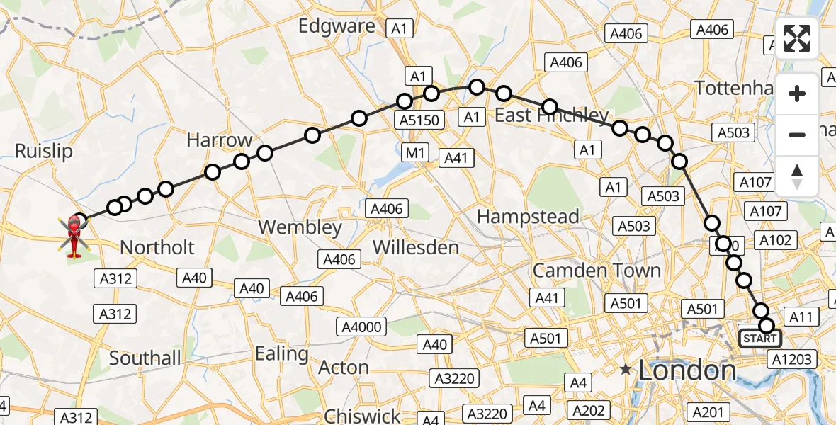 Flight route Air Ambulance Helicopter Royal London Hospital - RAF Northolt, 22 June 2026, 20:22