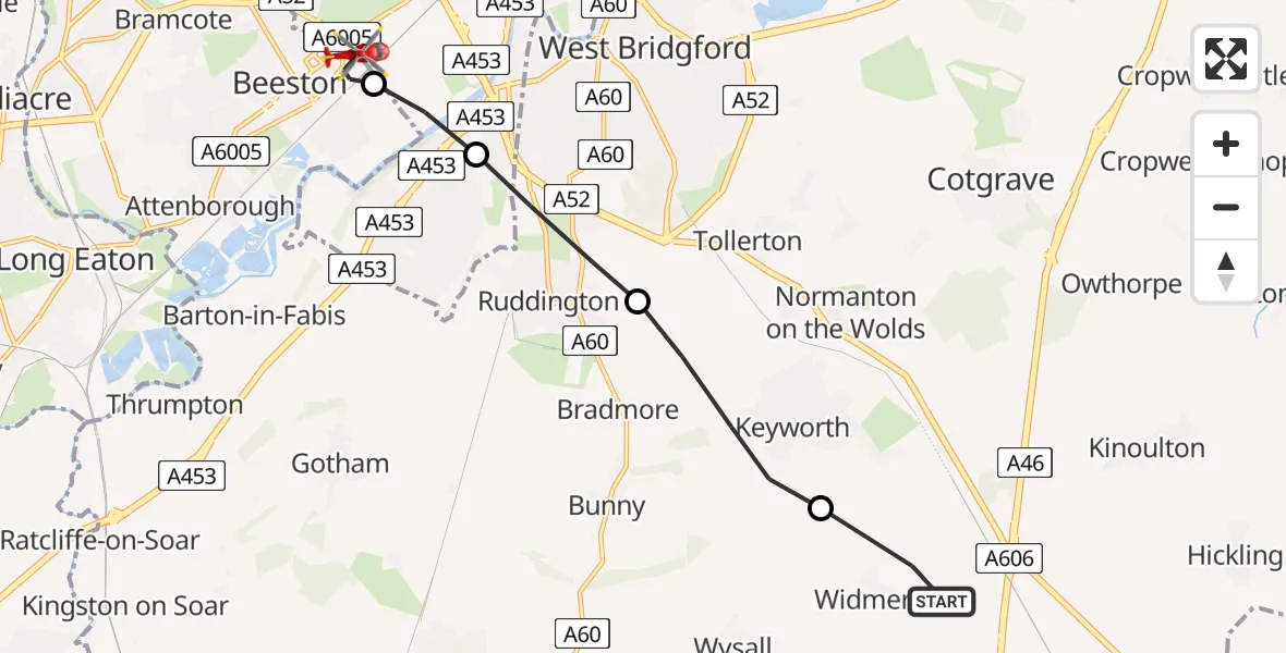 Flight route Air Ambulance Helicopter Widmerpool - Beeston, 22 June 2026, 20:26