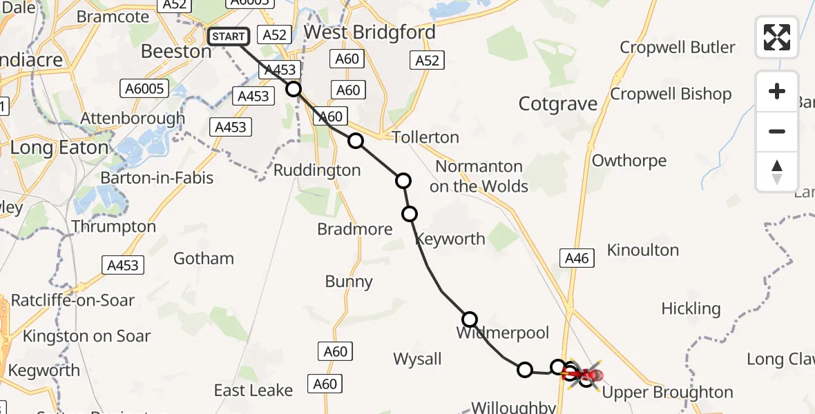 Flight route Air Ambulance Helicopter City of Nottingham - Rushcliffe, 22 June 2026, 20:41