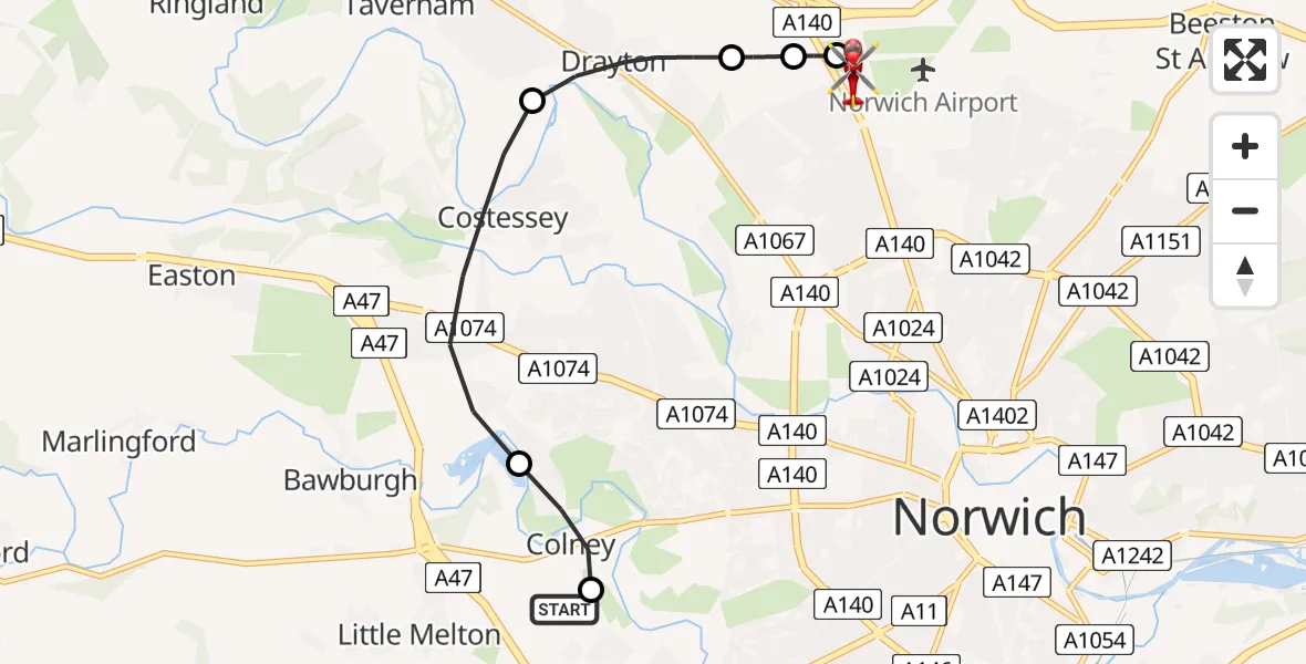 Flight route Air Ambulance Helicopter Norfolk & Norwich Hospital - Norwich Airport, 22 June 2026, 21:10