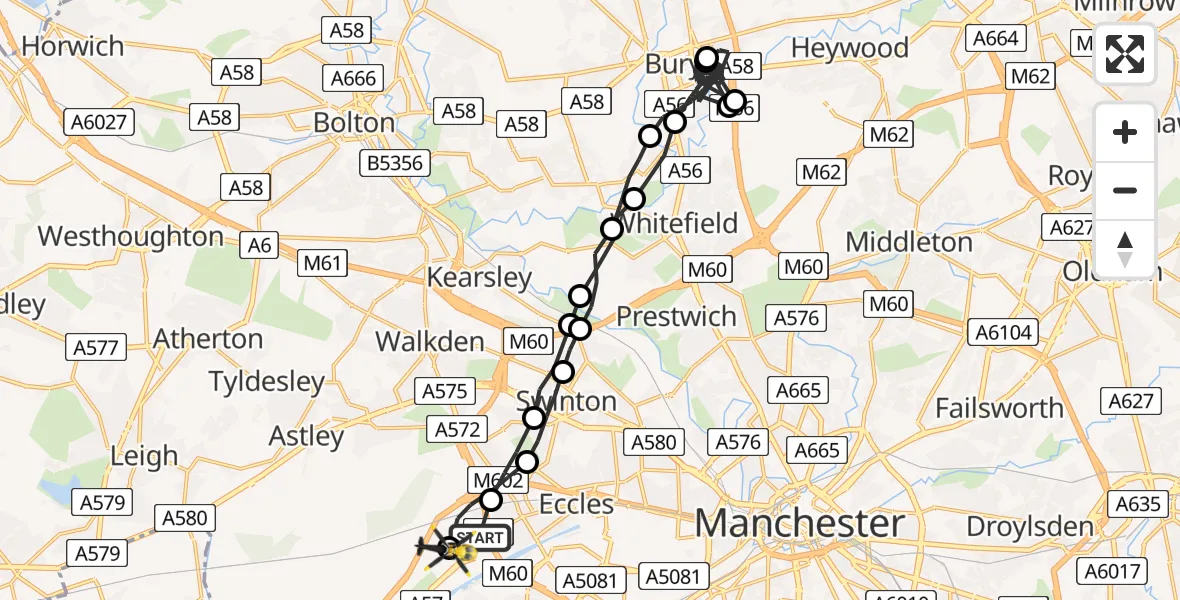 Flight route Police Helicopter Worsley - Manchester Barton Aerodrome, 22 June 2026, 21:30