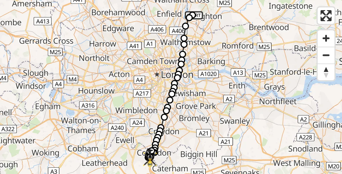 Flight route Police Helicopter Metropolitan Police Air Support Unit Lippitts Hill - Croydon, 22 June 2026, 21:37
