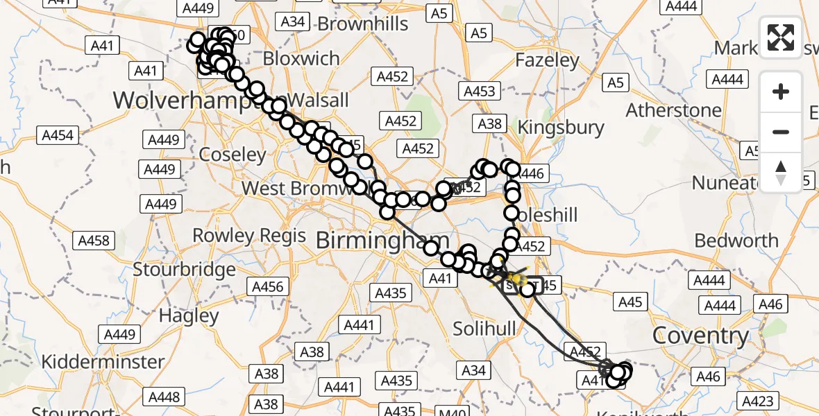 Flight route Police Helicopter Birmingham Airport - Birmingham Airport, 22 June 2026, 22:08