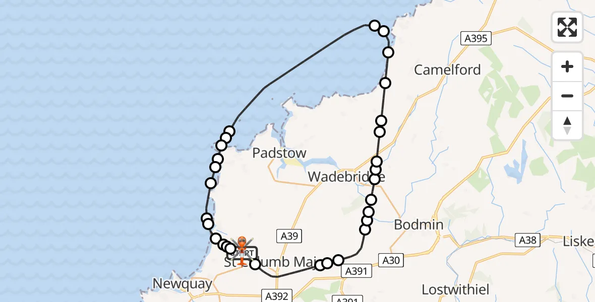 Flight route Coastguard Helicopter Cornwall Airport Newquay - Cornwall Airport Newquay, 22 June 2026, 22:09