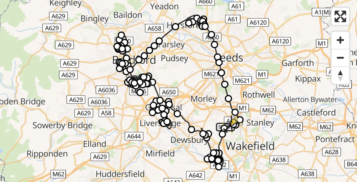 Flight route Police Helicopter East Ardsley - East Ardsley, 22 June 2026, 22:19