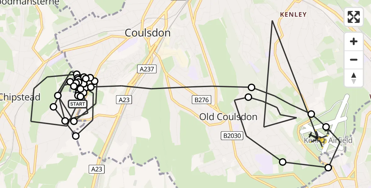 Flight route Police Helicopter Chipstead - Kenley Glider Field, 22 June 2026, 22:19