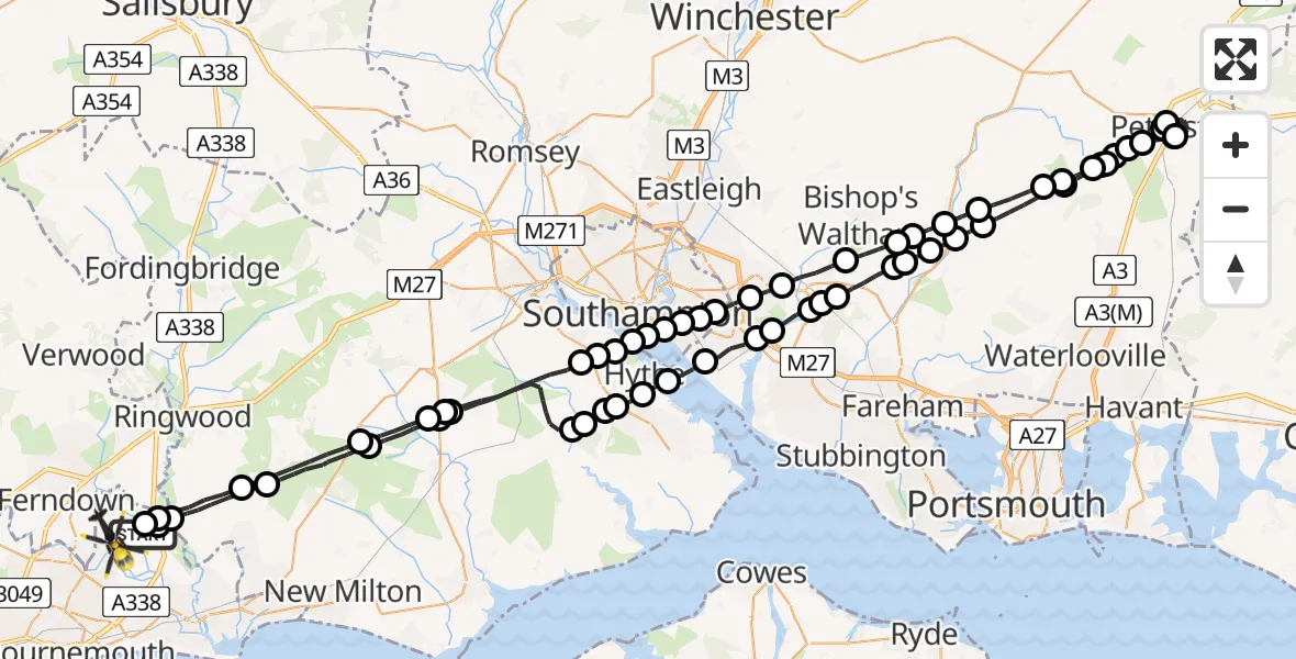 Flight route Police Helicopter Bournemouth Airport - Bournemouth Airport, 22 June 2026, 23:05