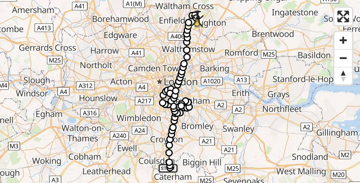 Flight route Police Helicopter Kenley Glider Field - Metropolitan Police Air Support Unit Lippitts Hill, 22 June 2026, 23:05