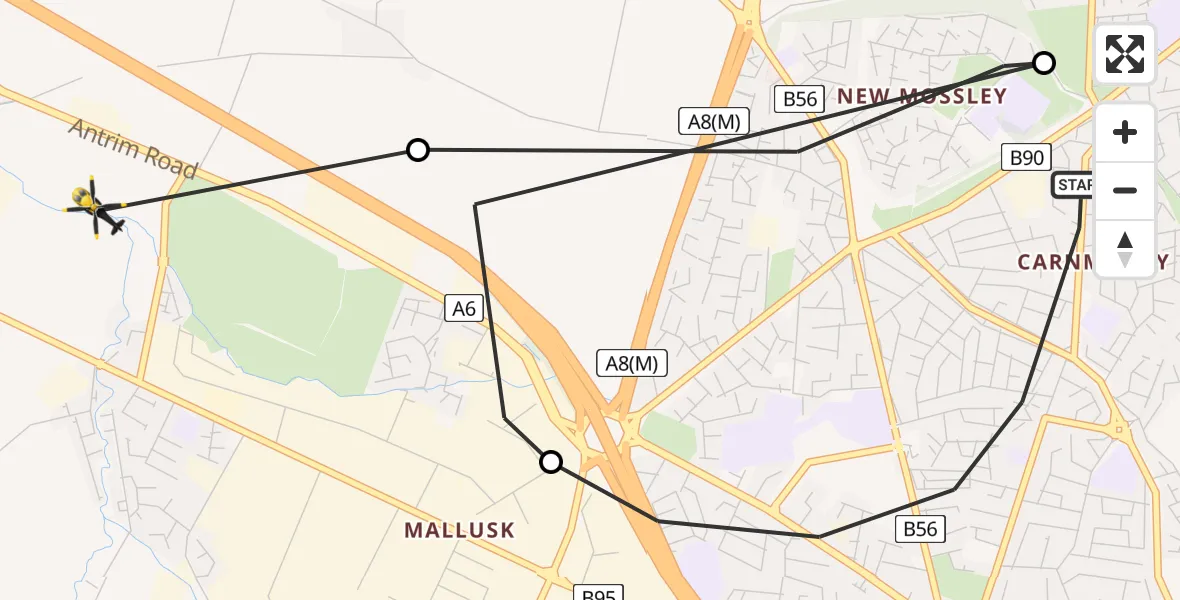 Flight route Police Helicopter Newtownabbey - Antrim and Newtownabbey District, 22 June 2026, 23:06