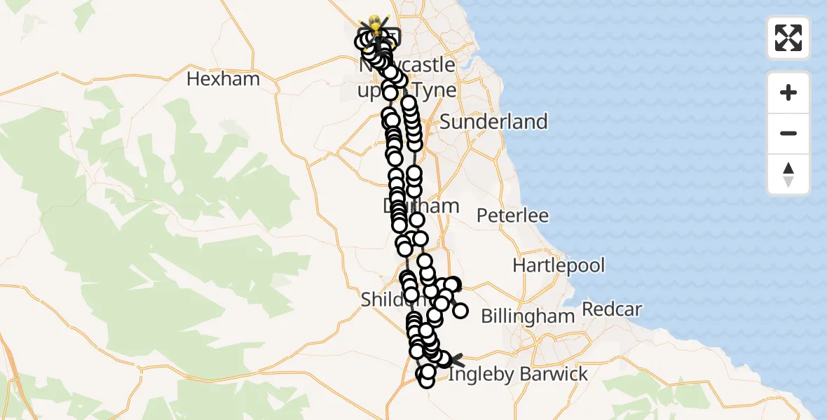Flight route Police Helicopter Newcastle International Airport - Newcastle International Airport, 22 June 2026, 23:55