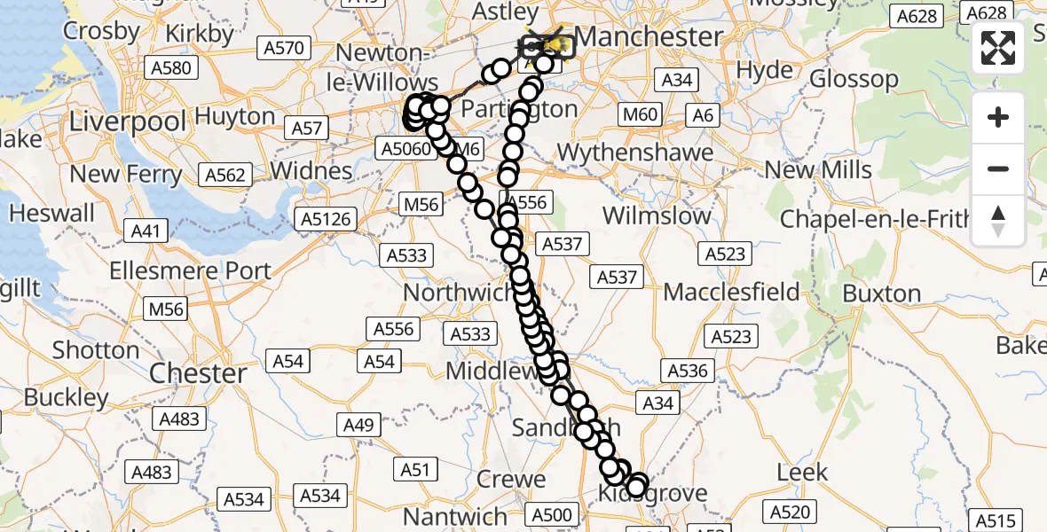 Flight route Police Helicopter Manchester Barton Aerodrome - Manchester Barton Aerodrome, 22 June 2026, 23:58