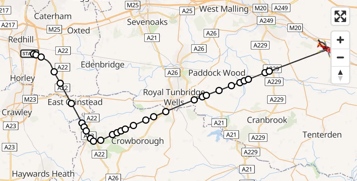 Flight route Air Ambulance Helicopter Redhill Aerodrome - Maidstone, 23 June 2026, 00:03