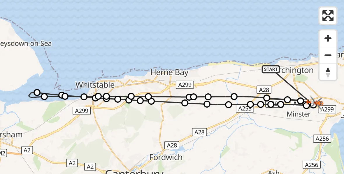 Flight route Coastguard Helicopter Minnis Bay - Manston Airport, 23 June 2026, 00:44