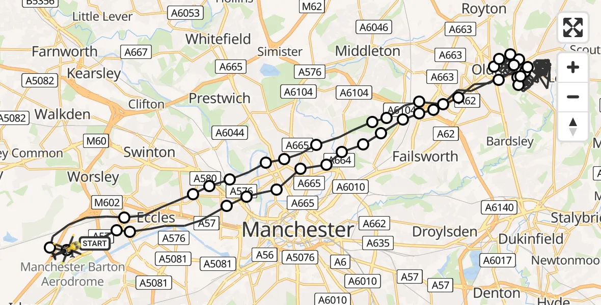 Flight route Police Helicopter Worsley - Manchester Barton Aerodrome, 23 June 2026, 00:57