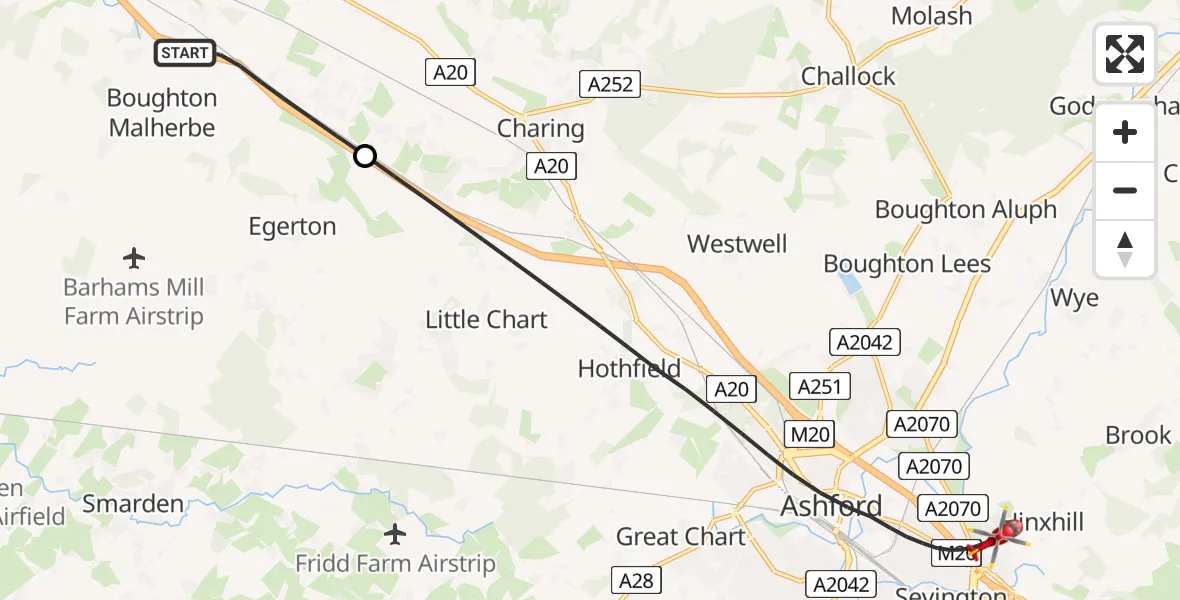 Flight route Air Ambulance Helicopter Maidstone - Ashford, 23 June 2026, 01:54