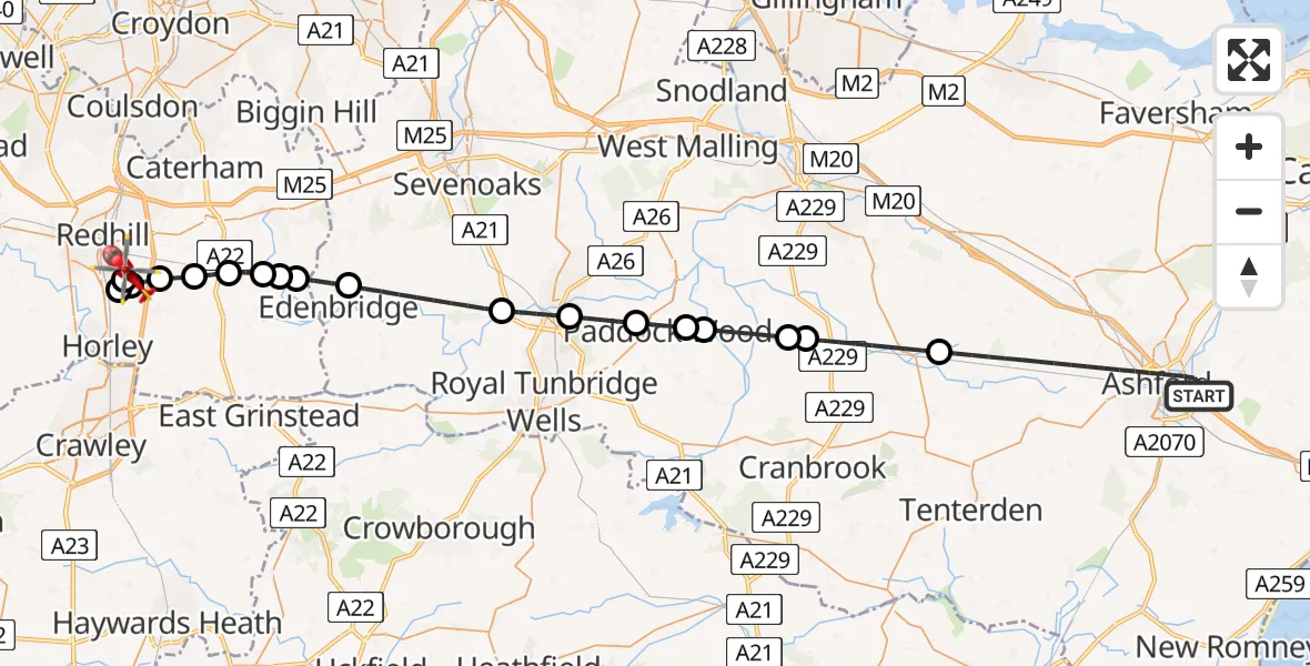 Flight route Air Ambulance Helicopter Ashford - Redhill Aerodrome, 23 June 2026, 02:37