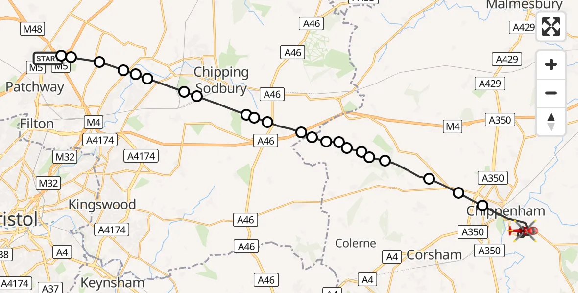 Flight route Air Ambulance Helicopter Almondsbury Helicopter Base - Chippenham, 23 June 2026, 06:41