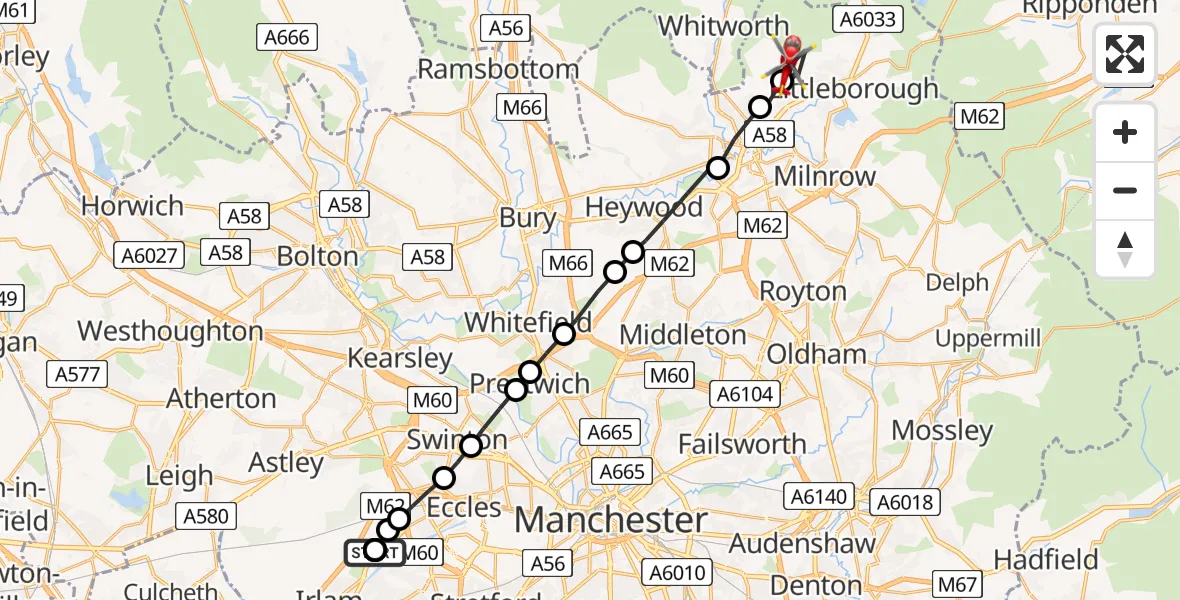 Flight route Air Ambulance Helicopter Manchester Barton Aerodrome - Rochdale, 23 June 2026, 06:52