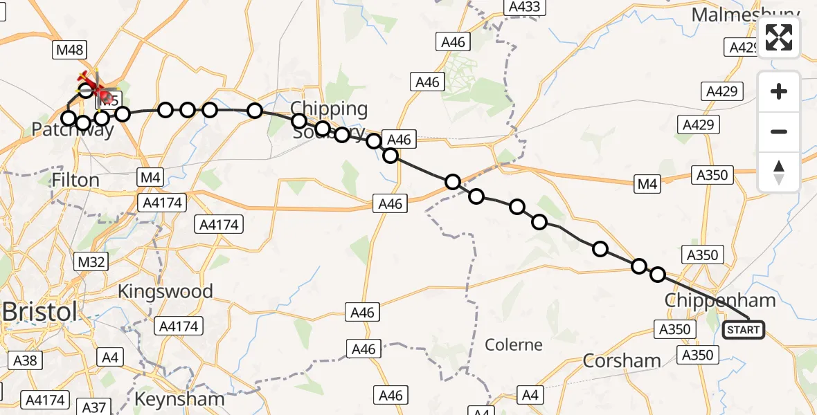Flight route Air Ambulance Helicopter Chippenham - Almondsbury Helicopter Base, 23 June 2026, 07:00