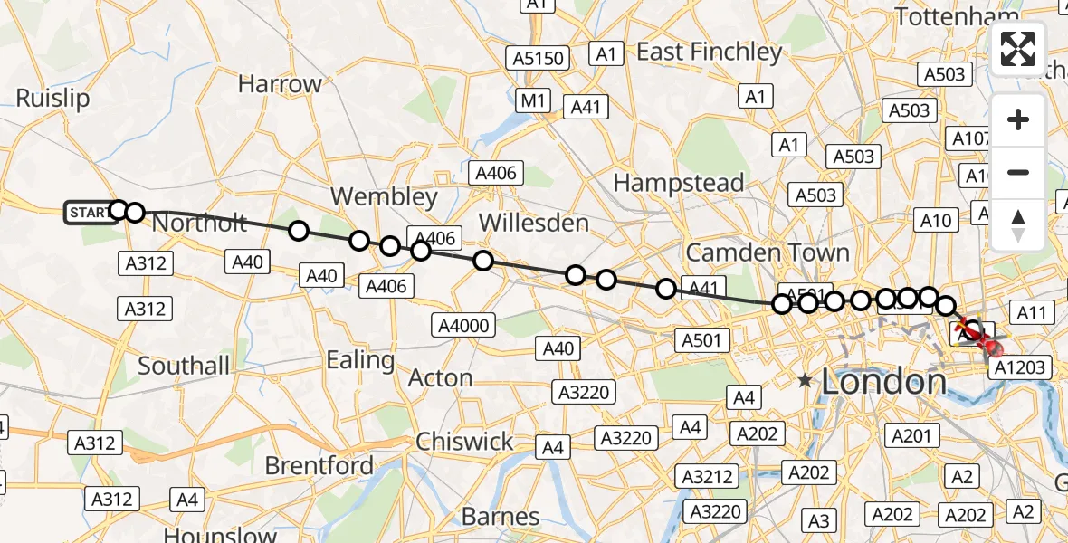 Flight route Air Ambulance Helicopter RAF Northolt - Royal London Hospital, 23 June 2026, 07:07