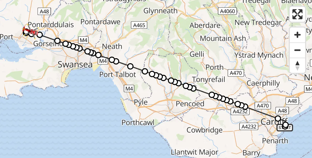 Flight route Air Ambulance Helicopter Cardiff Heliport - Dafen, 23 June 2026, 07:12