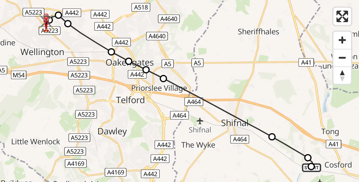 Flight route Air Ambulance Helicopter RAF Cosford - Princess Royal Telford Hospital, 23 June 2026, 07:31