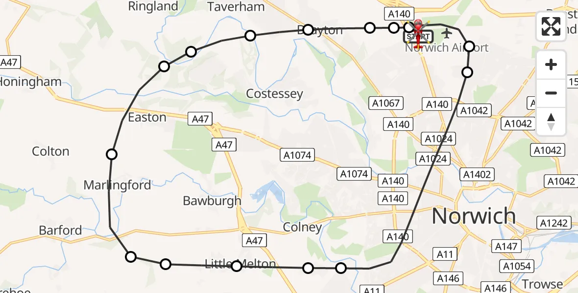 Flight route Air Ambulance Helicopter Norwich Airport - Norwich Airport, 23 June 2026, 07:51