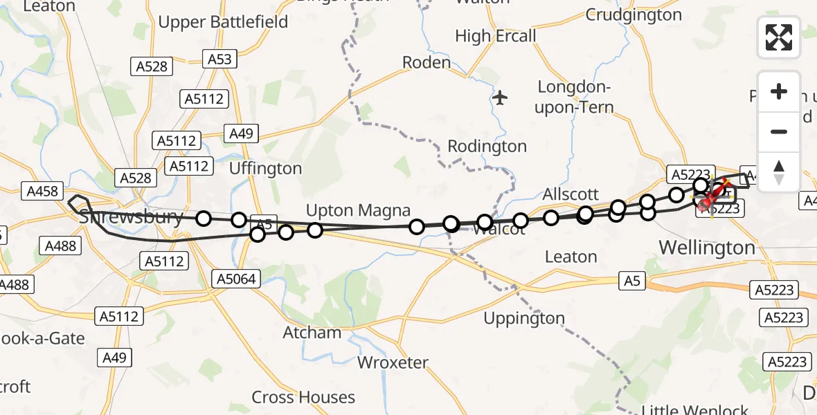 Flight route Air Ambulance Helicopter Princess Royal Telford Hospital - Princess Royal Telford Hospital, 23 June 2026, 07:54