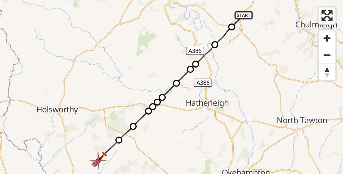 Flight route Air Ambulance Helicopter Roborough - Torridge, 23 June 2026, 07:58
