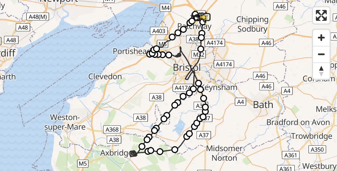 Flight route Police Helicopter Woodlands - Almondsbury Helicopter Base, 23 June 2026, 08:14