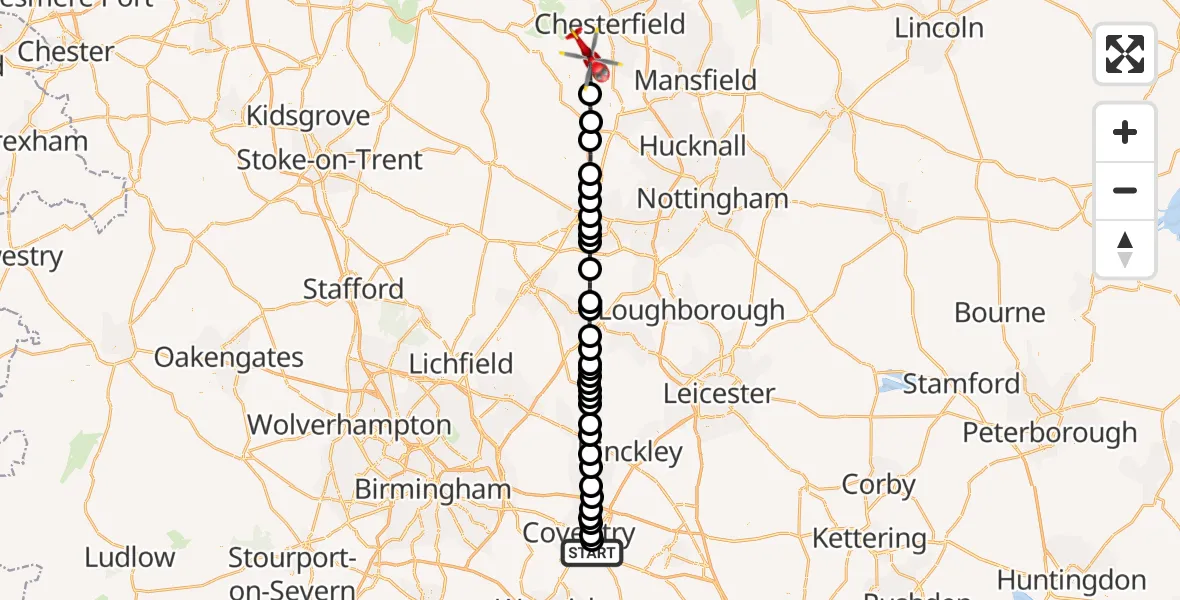 Flight route Air Ambulance Helicopter Coventry Airport - Ashover CP, 23 June 2026, 08:23