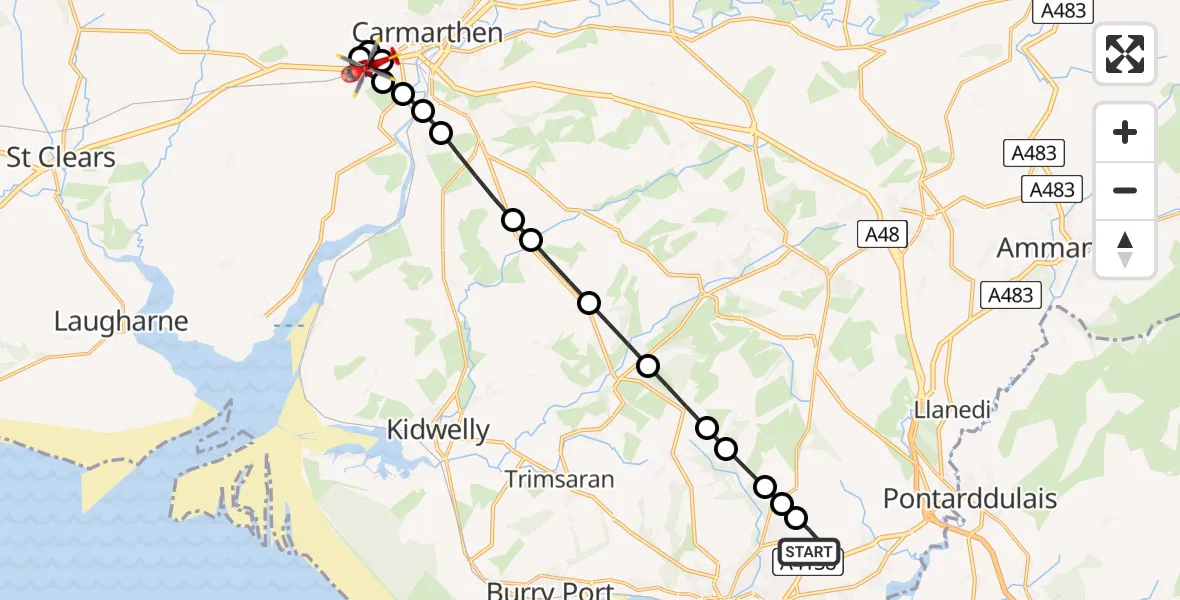 Flight route Air Ambulance Helicopter Dafen - Llangynog, 23 June 2026, 08:31