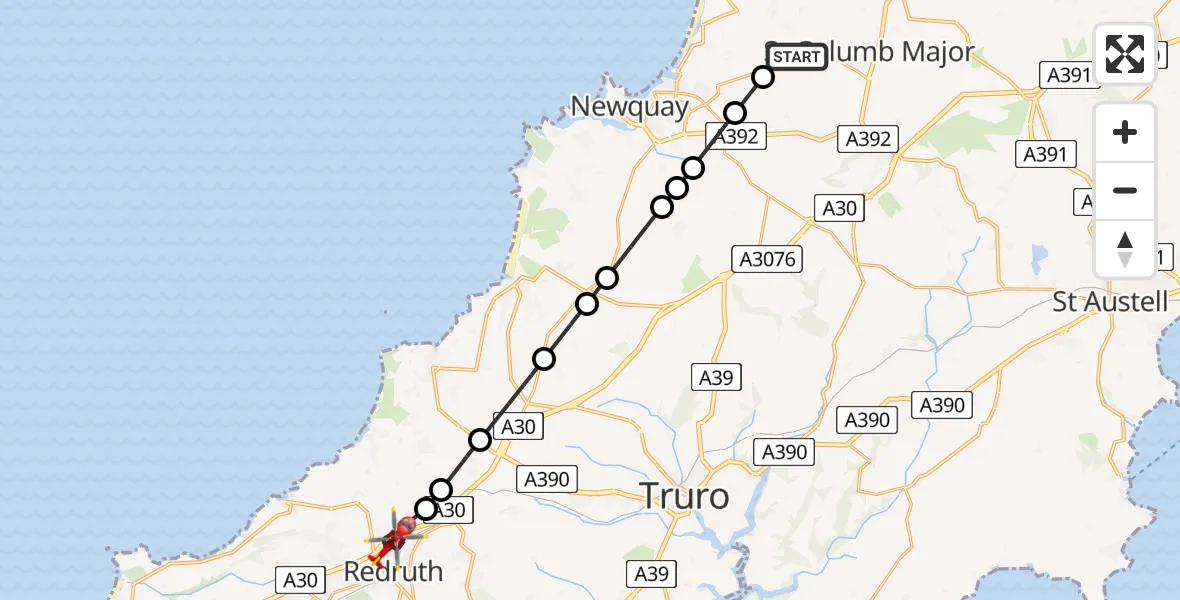 Flight route Air Ambulance Helicopter Cornwall Airport Newquay - Redruth, 23 June 2026, 09:03