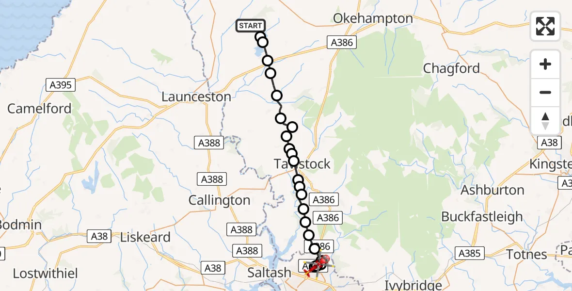 Flight route Air Ambulance Helicopter Torridge - Derriford Hospital, 23 June 2026, 09:05