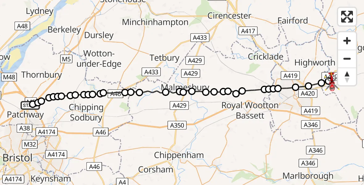 Flight route Air Ambulance Helicopter Almondsbury Helicopter Base - Shrivenham, 23 June 2026, 09:09