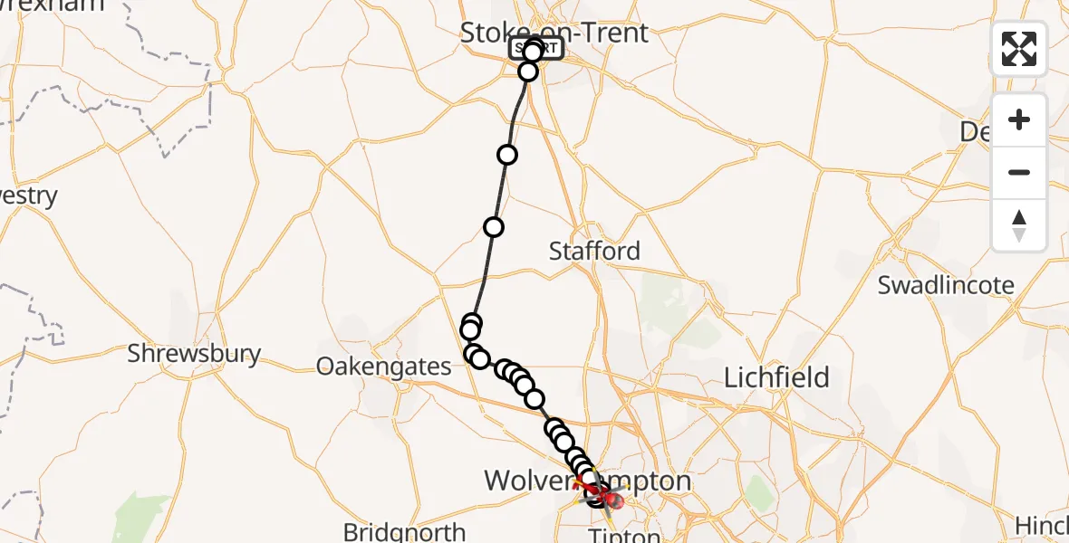Flight route Air Ambulance Helicopter University Hospital North Staffs - Rough Hills, 23 June 2026, 09:13