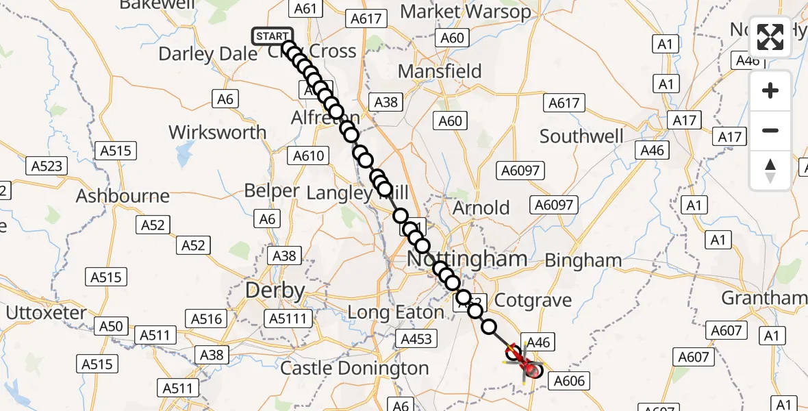Flight route Air Ambulance Helicopter Ashover CP - Widmerpool, 23 June 2026, 09:21
