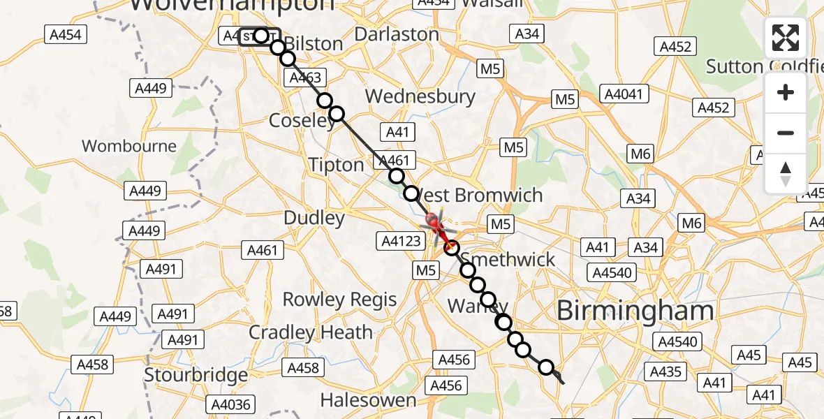 Flight route Air Ambulance Helicopter Rough Hills - Oldbury, 23 June 2026, 10:04