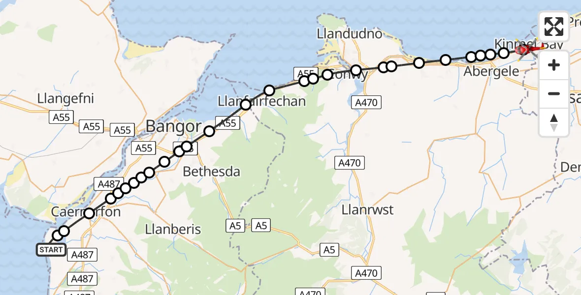 Flight route Air Ambulance Helicopter Caernarfon Airport - Kinmel Bay, 23 June 2026, 10:12
