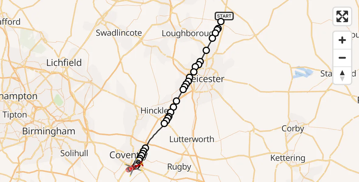 Flight route Air Ambulance Helicopter Willoughby on the Wolds - Coventry Airport, 23 June 2026, 10:14
